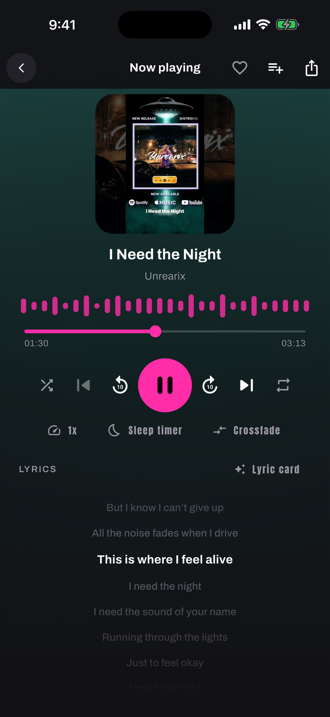 The Unrearix player with synced lyrics scrolling under the artwork