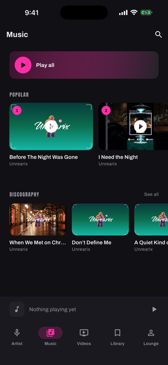 The music tab listing Unrearix releases