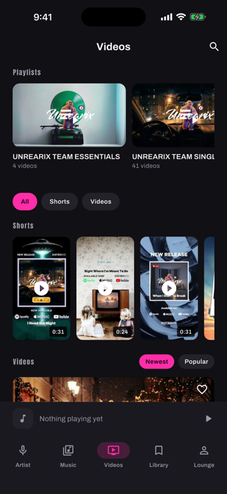 The videos tab with releases, live sets and mixes
