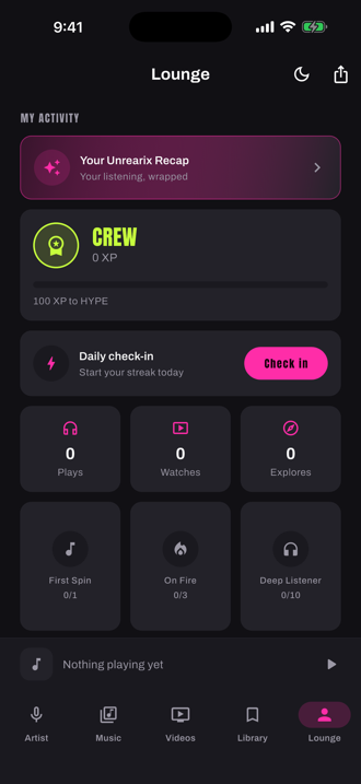 The lounge with daily check-in, Fan Pass tier and badges